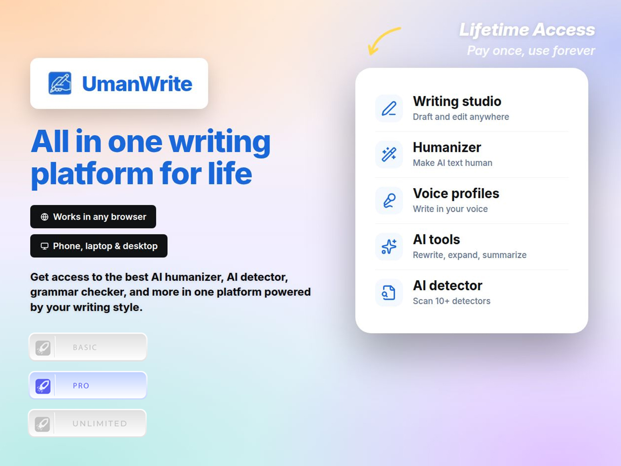 UmanWrite All-in-One AI Writing Platform: Lifetime Subscription (Pro Plan/20,000 Words)
