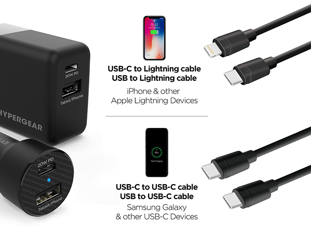 Hypergear 20W USB-C PD + 12W Wall & Car Charger Bundle (Black)