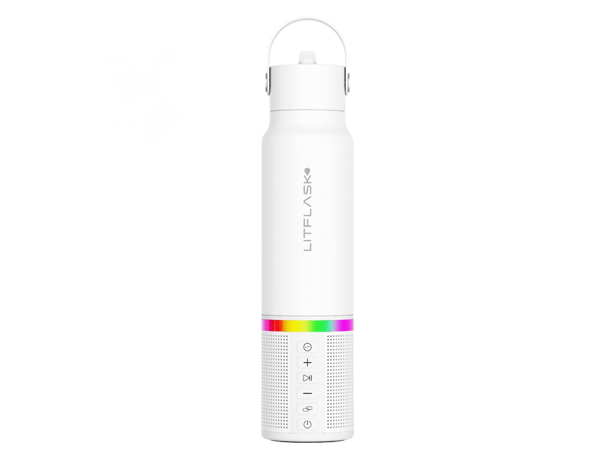 LitFlask 3-in-1 Smart Water Bottle, Bluetooth Speaker & Power Bank with Lights (White)