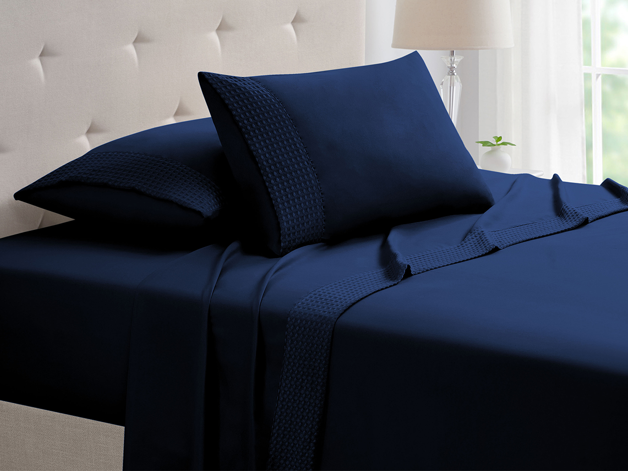 4-Piece Bamboo Blend Waffle Hem Sheet Set (Navy/Twin)