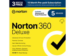 Norton 360 Deluxe: 50GB Cloud PC Backup for 5 Devices (15-Month Subscription)
