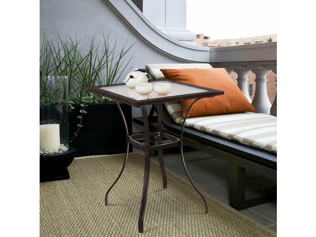 Costway Outdoor Patio Rattan Wicker Bar Square Table Glass Top Yard Garden Furniture Mix Brown
