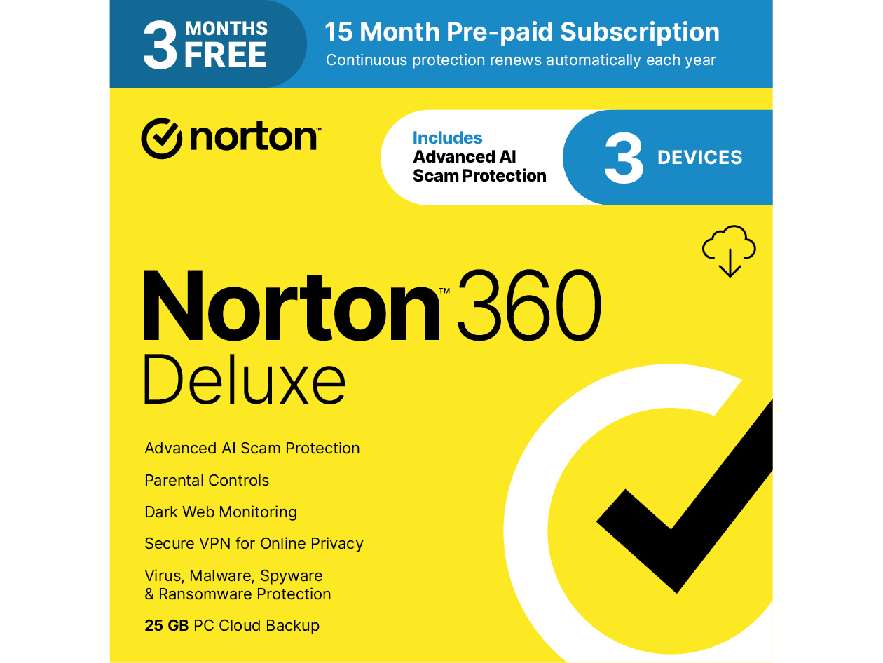 Norton 360 Deluxe: 25GB PC Cloud Backup for 3 Devices (15-Month Subscription)