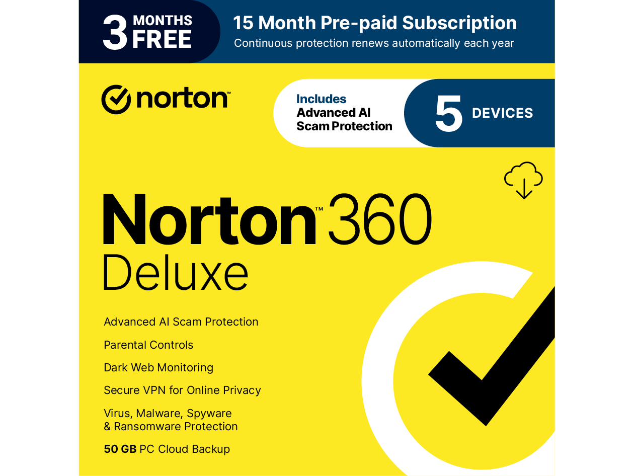 Norton 360 Deluxe: 50GB Cloud PC Backup for 5 Devices (15-Month Subscription)