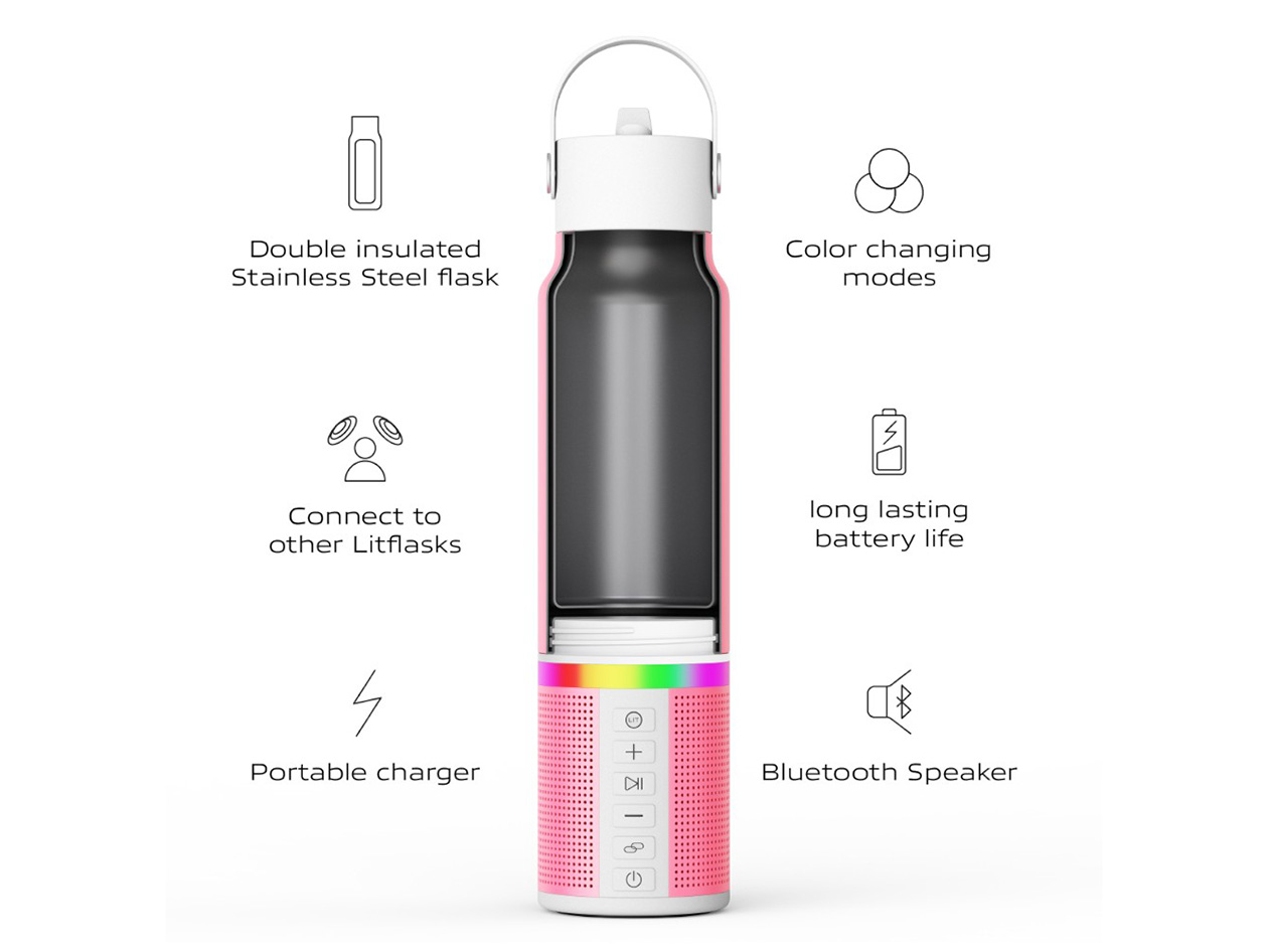 LitFlask 3-in-1 Smart Water Bottle, Bluetooth Speaker & Power Bank with Lights (Pink)
