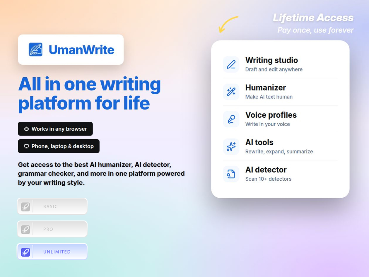 UmanWrite All-in-One AI Writing Platform: Lifetime Subscription (Unlimited Plan/Unlimited Words)
