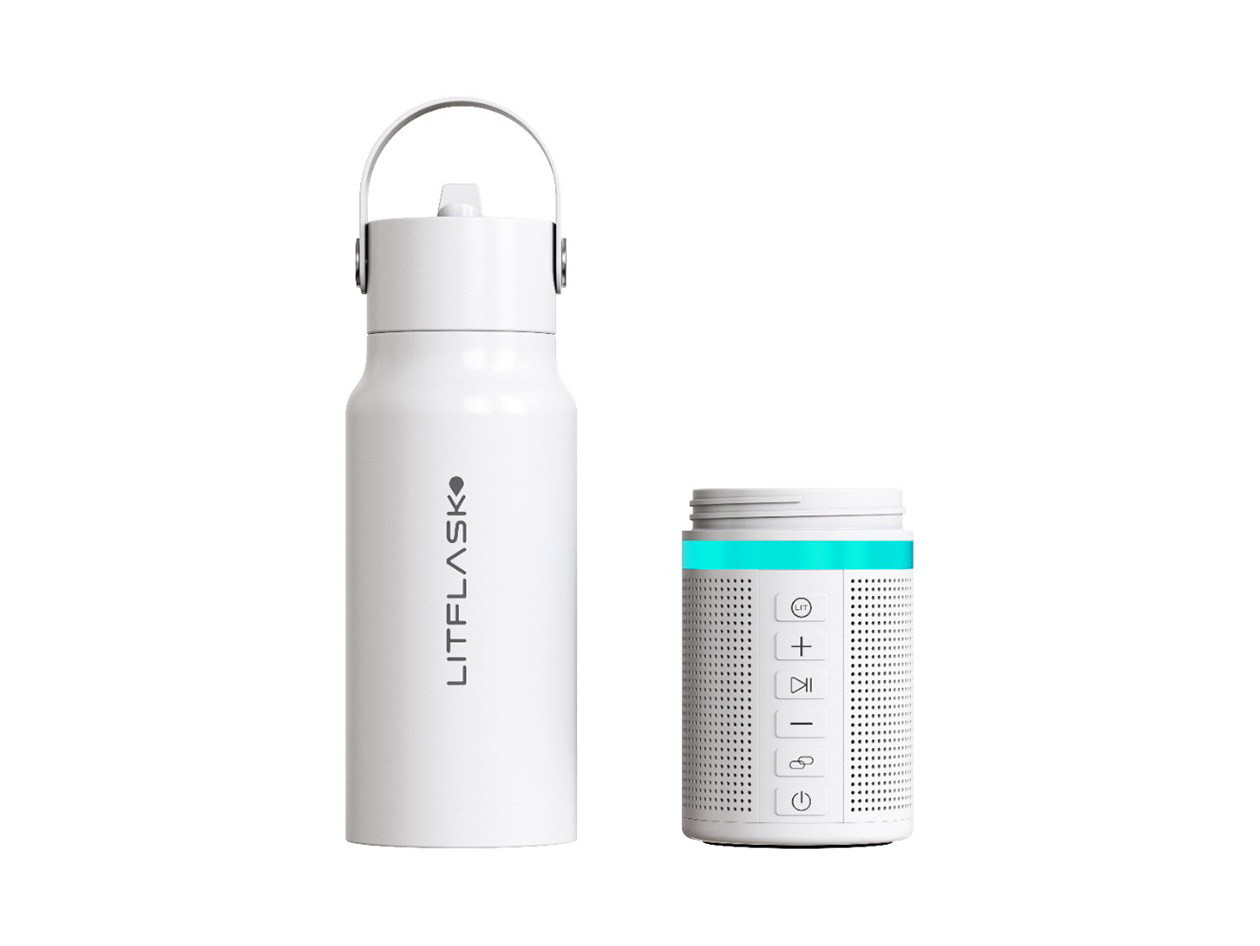 LitFlask 3-in-1 Smart Water Bottle, Bluetooth Speaker & Power Bank with Lights (White)