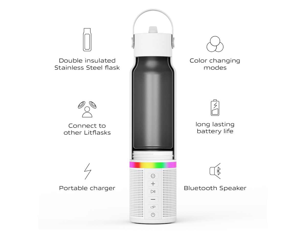 LitFlask 3-in-1 Smart Water Bottle, Bluetooth Speaker & Power Bank with Lights (White)