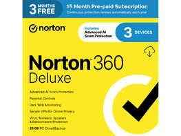 Norton 360 Deluxe: 25GB PC Cloud Backup for 3 Devices (15-Month Subscription)