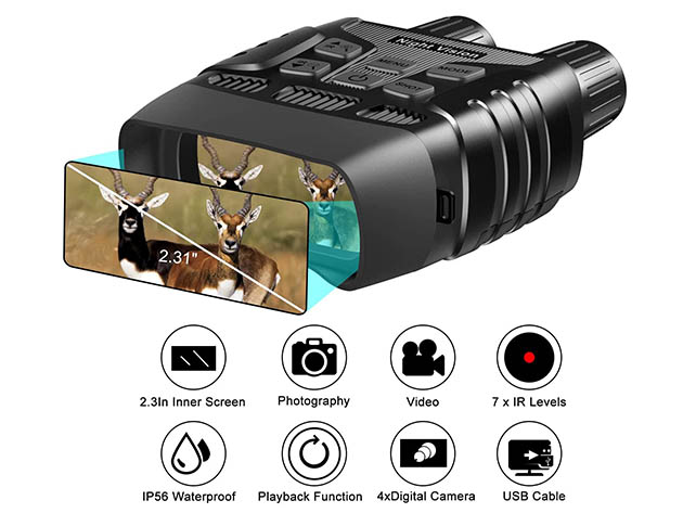 720p/1MP 1000' Night Vision Binoculars with 2.3" Screen, 4x Zoom & 32GB Card