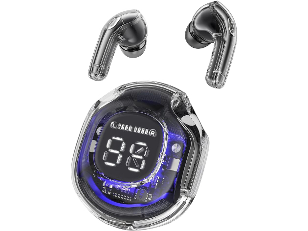 Transparent Bluetooth Earbuds with LED Power Display Charging Case Black