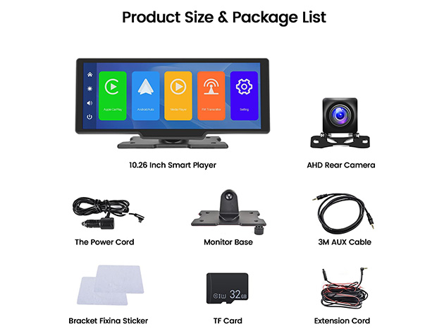 10" Wireless Car Display with Front and Rear Cameras Apple CarPlay & Android Auto Support